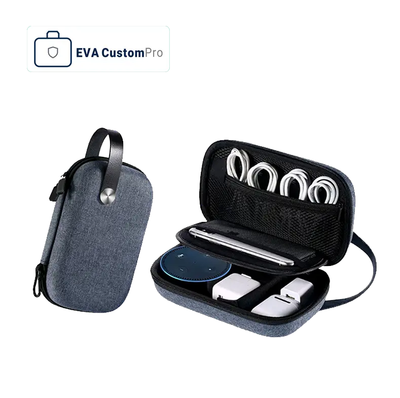 Custom heather gray fabric EVA storage case with leather wrist strap and multi-layer mesh pocket organizing cables, charger, and smart speaker.