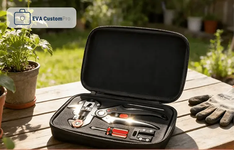 Custom EVA hard tool case with precision foam insert housing lawn and garden trimming shears and accessories.