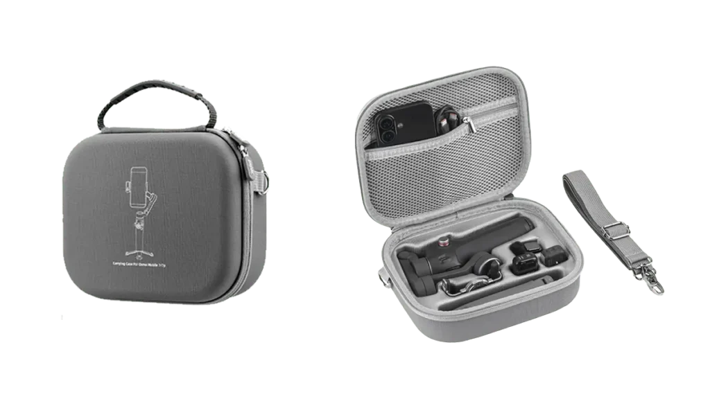 Grey custom EVA storage case showing closed view with printed logo and open view with custom molded tray for phone gimbal and accessories.