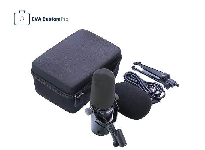 Hard EVA protective shell case for podcast studio microphone, windshield, tripod stand, and audio cables.