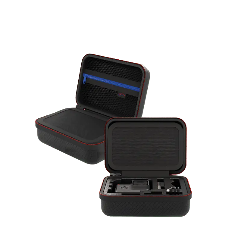 Custom hard EVA case showing open shell structure, blue zippered mesh pocket, and die-cut foam insert with gear.