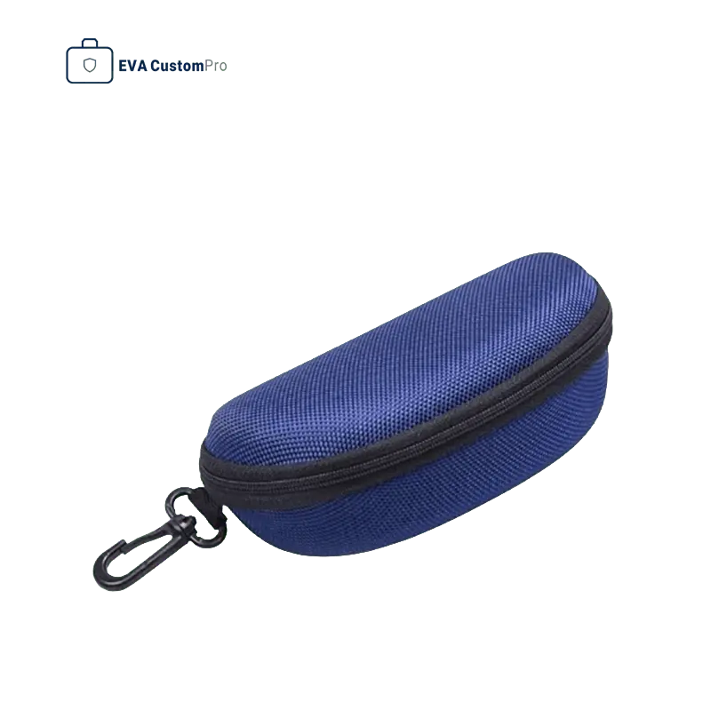 Blue hard EVA eyewear and sunglasses case featuring woven Oxford fabric surface and plastic carabiner clip on a white background.