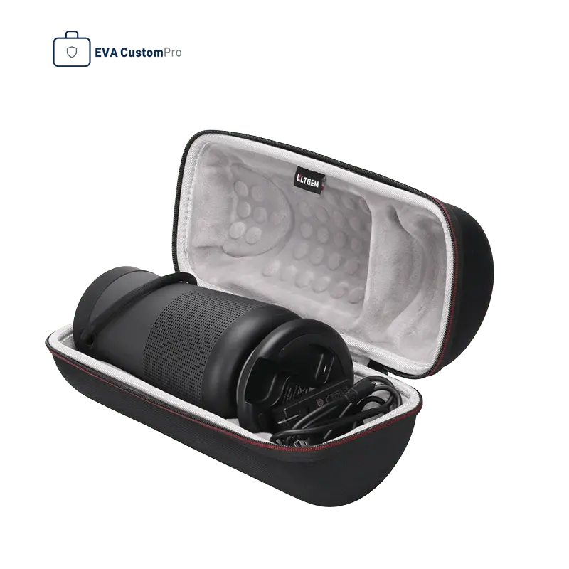 Custom hard EVA audio speaker case open with grey soft velvet lining and shock-absorbing bubble padding.