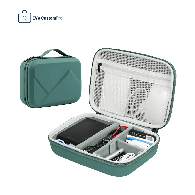 Teal hard EVA storage case showing geometric embossed shell and open compartment with removable velcro dividers for hard drives and accessories.