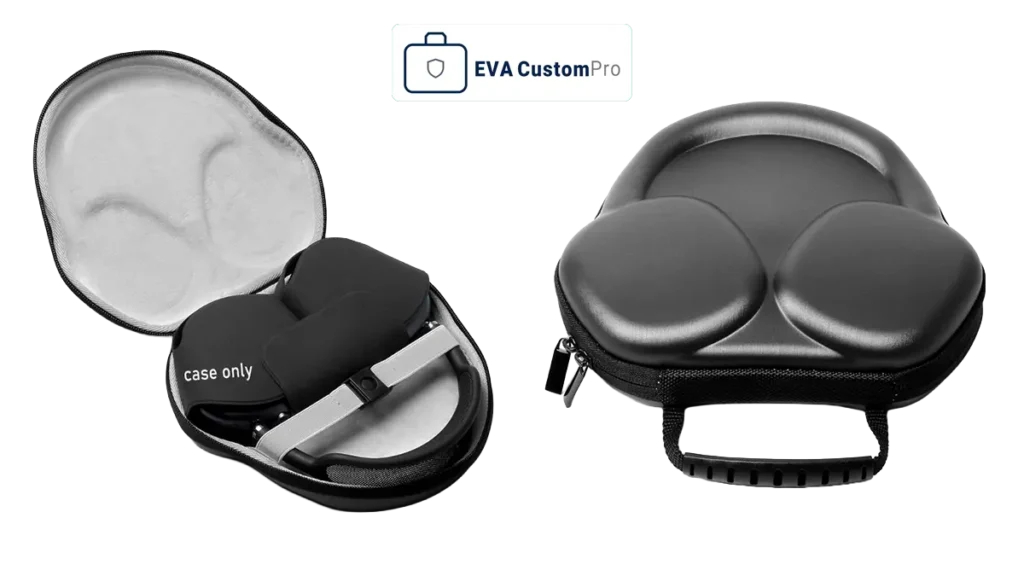 Custom molded EVA headphone carrying case with soft plush lining, elastic strap, and portable handle for electronics protection.