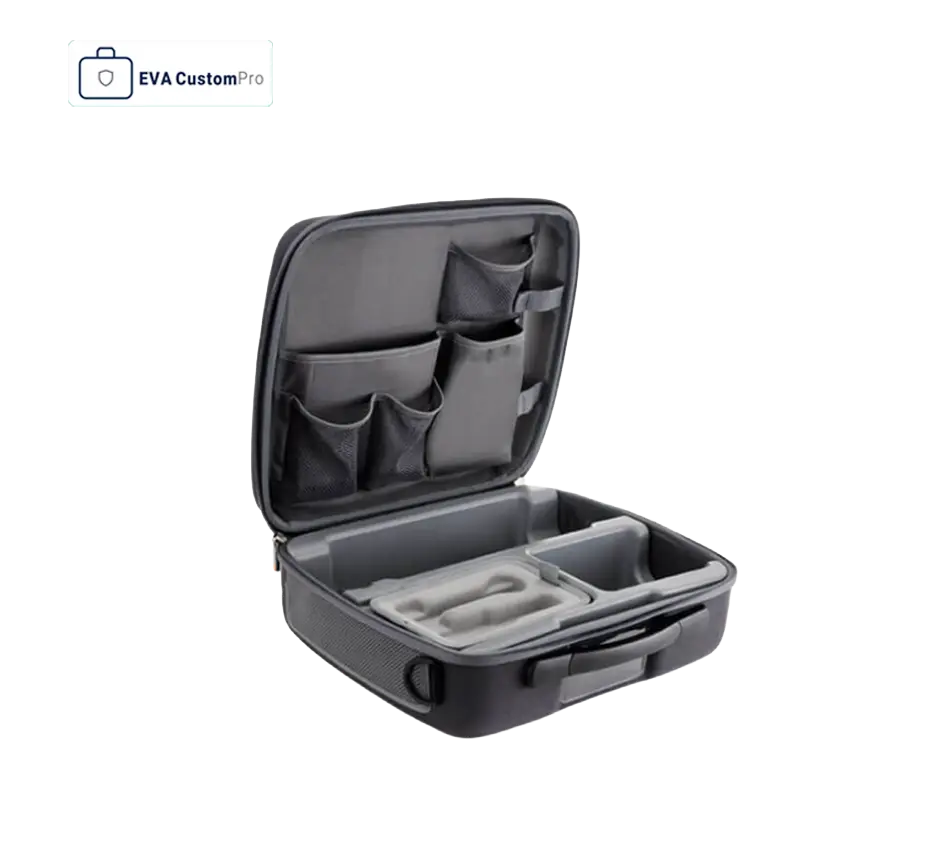 Custom layout for medical products EVA hard case showing molded interior base, custom compartments, and upper storage pockets.