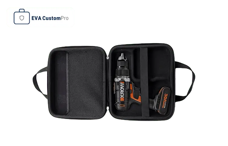 Custom EVA power tool case layout featuring die-cut foam insert for electric drill and accessories with retention strap.