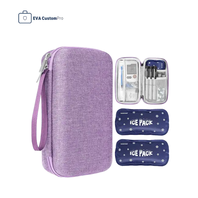 Purple custom medical EVA case featuring wrist strap, interior mesh organizer for glucose meter, and ice packs.