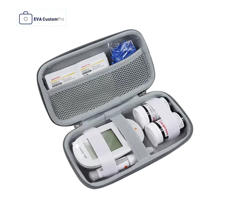 Custom medical EVA carrying case showing secure organization with elastic retention straps for glucometer, test strip bottles, and lancets.