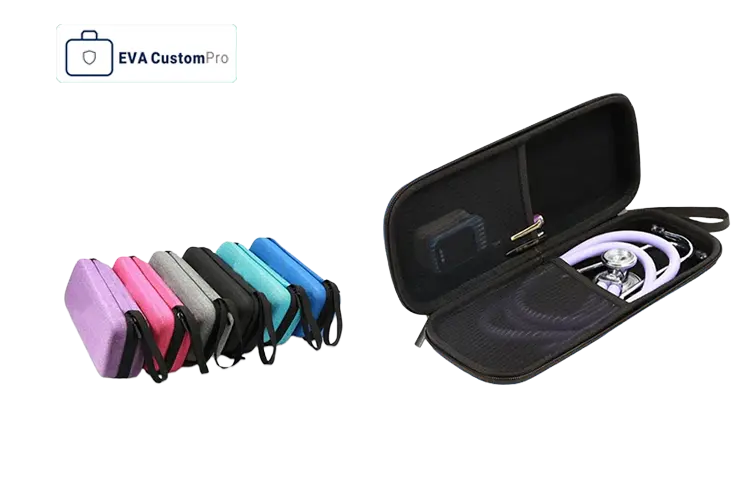 Custom medical stethoscope EVA carrying case showing multi-color options and interior mesh pocket with stethoscope and medical tools.