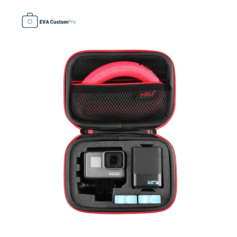 Compact hard EVA case with red zipper piping, custom die-cut foam insert for portable testing equipment, and zippered mesh upper pocket.