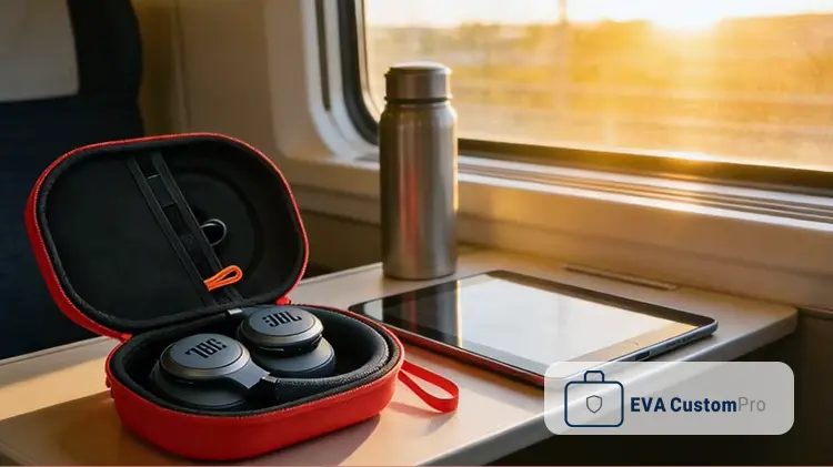Red hard EVA headphone carrying case providing safe audio storage on a train travel table.