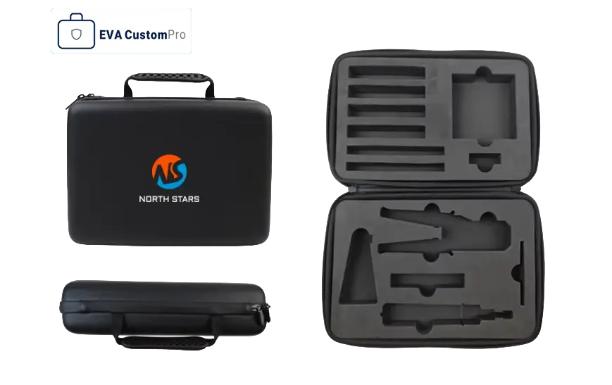 Custom structure and dimensional specifications for electronic product EVA hard case with die-cut foam interior.