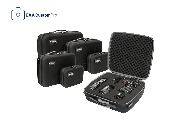 Custom EVA equipment and tool organization case with precision die-cut foam insert for camera and hardware accessories.