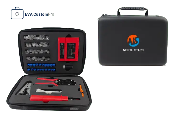 Custom tool EVA hard carrying case with custom foam insert layout showcasing network tool kit and molded handle.