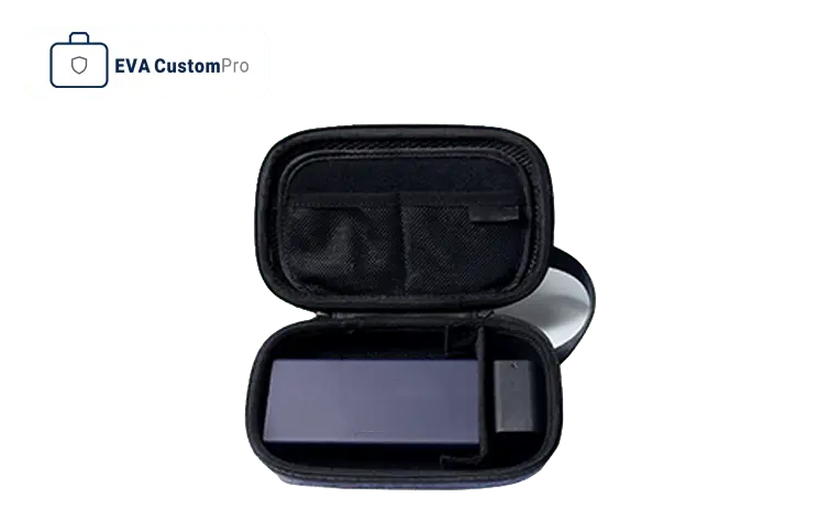 Compact custom tool EVA storage case with adjustable interior divider, upper dual mesh pockets, and wrist strap.
