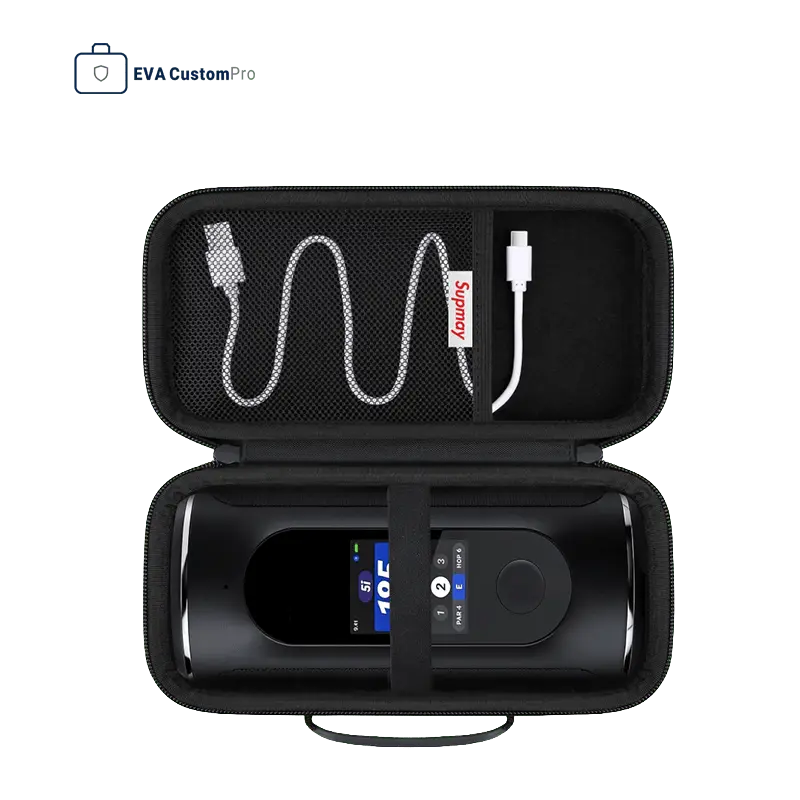Black hard EVA electronic case with elastic holding strap and upper mesh pocket for cable storage.