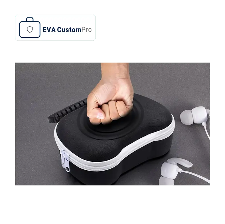 Pressure test demonstration on a hard EVA carrying case showing high crush resistance and shockproof protection for earphones.
