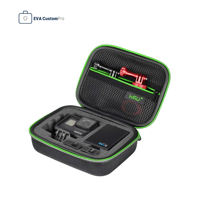 Open hard EVA case with bright green piping, high-density die-cut foam insert protecting camera gear, and upper mesh pocket.