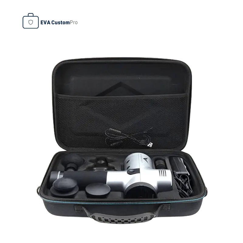 Black hard EVA tool case with heavy-duty rubber handle, custom molded foam insert for massage gun and massage heads, and upper mesh pocket.
