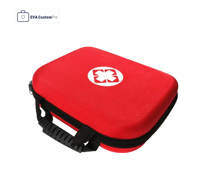 Portable red medical EVA carrying case with printed cross logo, reinforced rubber handle, and durable black zipper closure.
