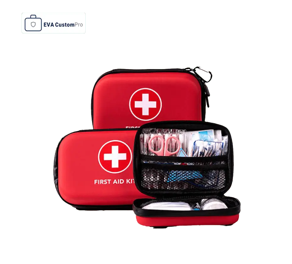 Red first aid kit EVA storage cases set with printed white cross logo and interior mesh pocket organizing medical scissors and supplies.