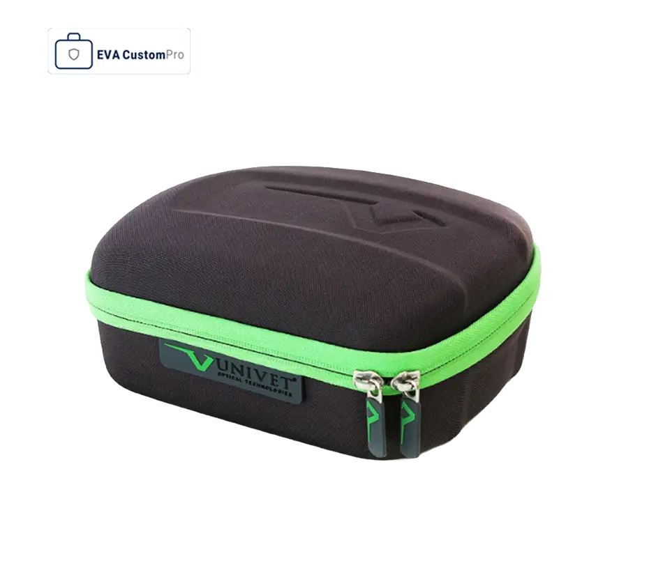 Hard shell medical EVA case featuring custom embossed logo lid, green high-contrast zipper, and rubber brand tag.