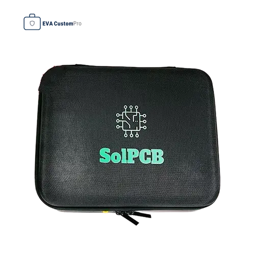 Black hard EVA case with custom printed brand logo and durable textured shell.