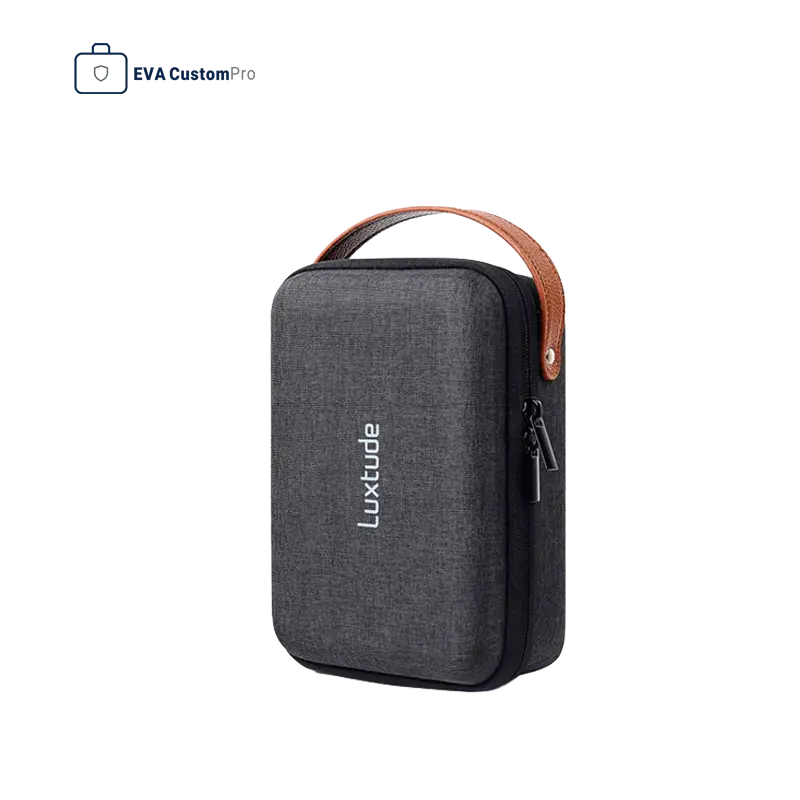 Grey hard EVA carrying case featuring a brown leather handle and zipper for portable storage.