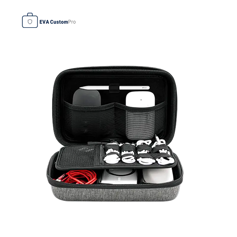 Open EVA storage and organizer case featuring interior mesh pockets, elastic cable loops, and compartments.